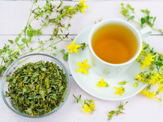 a cup of St John's Wort Tea and its dried leaves